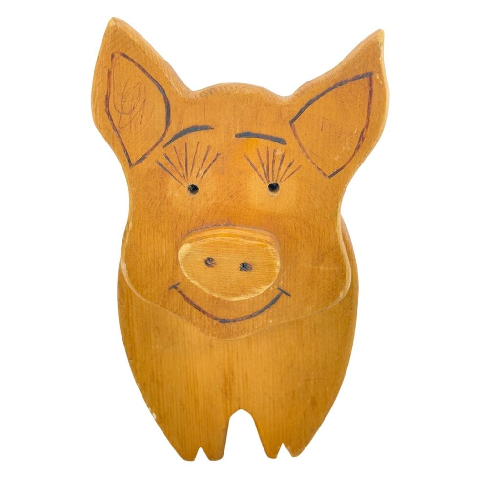 Vintage Hand Carved Wooden Piggy Bank Twist Nose Coin Bank Folk Art Pig MCM